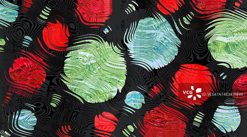 黑色背景上抽象扭曲的圆条纹波浪绿色红色魔幻霓虹灯线图片素材