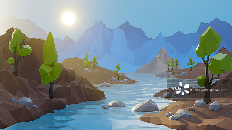 低多边形虚拟世界景观，元宇宙图片素材