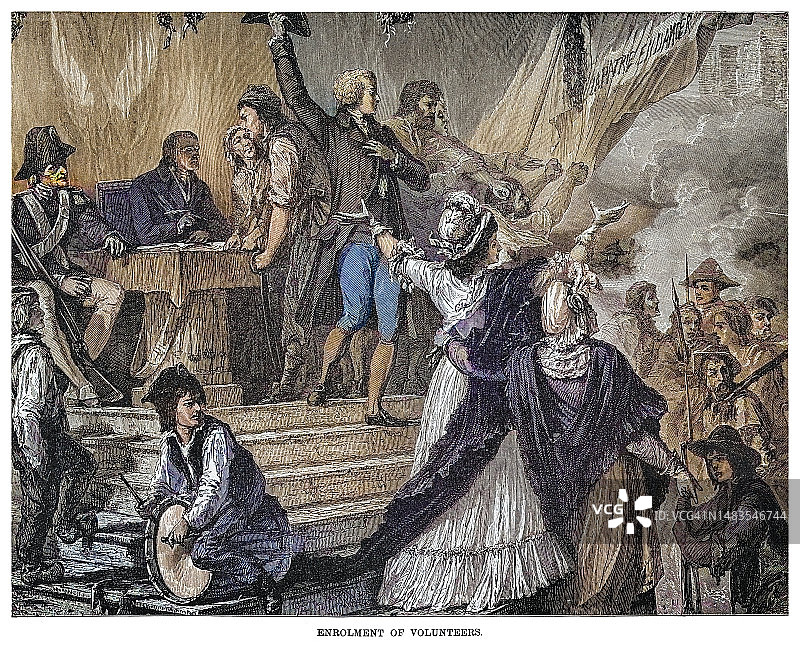 法国大革命时期志愿者入伍的古版画插图图片素材