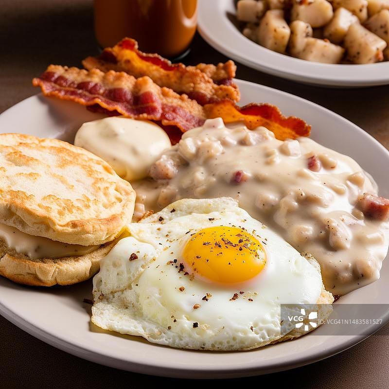 克朗普斯早餐盘，含煎蛋、培根、饼干和肉汁，美国图片素材