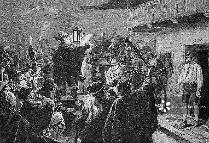 哈伯菲尔德特里本训诫法庭，哈伯菲尔德特里本是巴伐利亚州上巴伐利亚高地的一个秘密训诫法庭，今天已不再使用，主要在德国特尔茨、泰根塞、米斯巴赫、罗森海姆和埃伯斯贝格周边地区实行，1880年图片素材