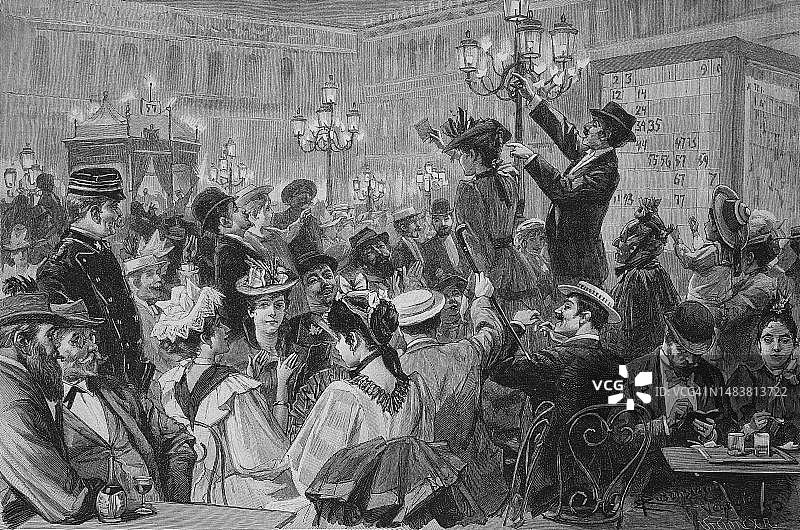 1887年意大利威尼斯圣马可广场的抽奖活动上的美好聚会图片素材