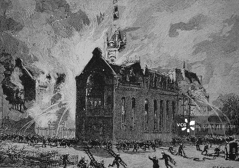 法国费康本笃会酿酒厂的火灾，19世纪原创艺术品的历史数字修复复制品图片素材