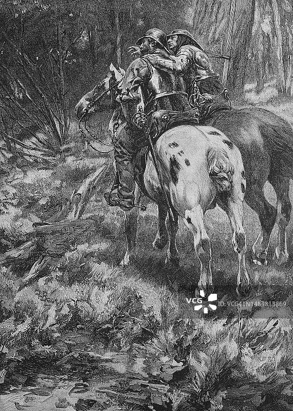 德国森林中的持械歹徒（19世纪画作数字 reproduction）图片素材