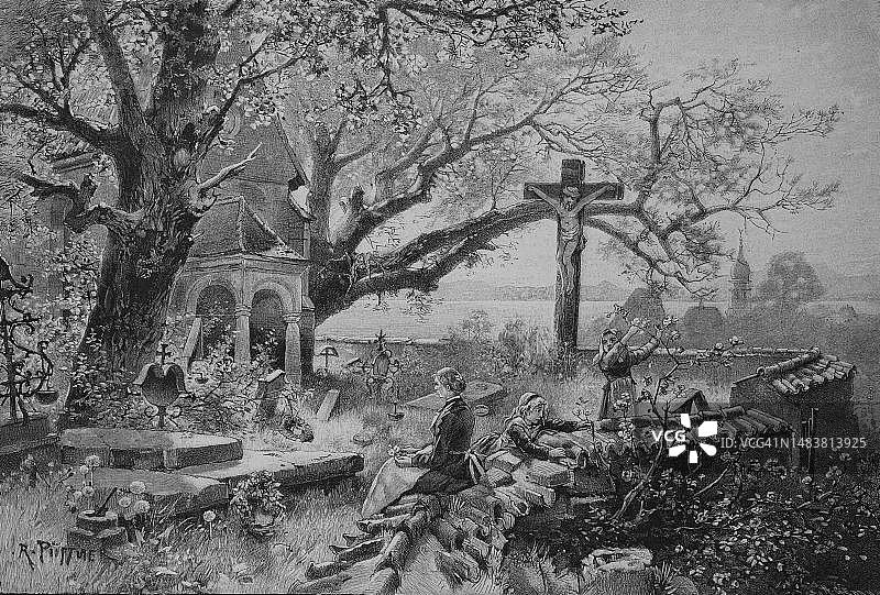 德国巴伐利亚州施塔恩贝格湖的墓地，妇女在坟墓前祈祷，孩子们在玩耍，1880年图片素材