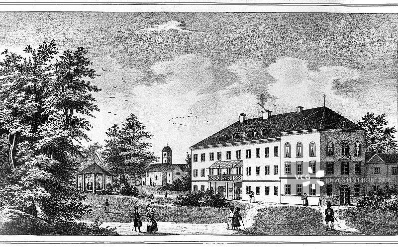 德国巴伐利亚州罗森海姆矿物浴钢版画图片素材