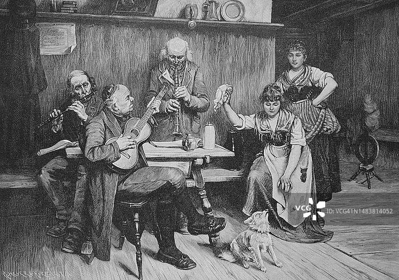 1880年德国：小家犬打扰了音乐，农妇想要赶走它图片素材