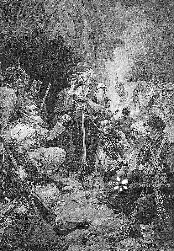 阿尔巴尼亚知名人士、社会上层阶级成员和起义领导人的磋商会议，为反抗现有 гражданской или политической власти的叛乱分子，阿尔巴尼亚，1899年，历史照片，19世纪原件的数字复制品图片素材