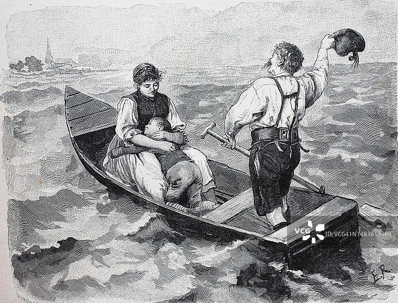 奥地利：情侣带孩子乘驳船过湖（19世纪原版数字修复）图片素材