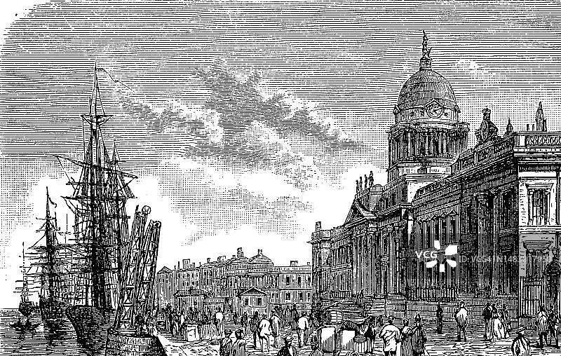 1870年的爱尔兰都柏林海关大楼，历史照片数字修复再版图片素材