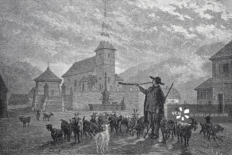 阿尔萨斯村庄里的牧羊人，1878年，法国，历史照片，19世纪绘画的数字修复再现图片素材