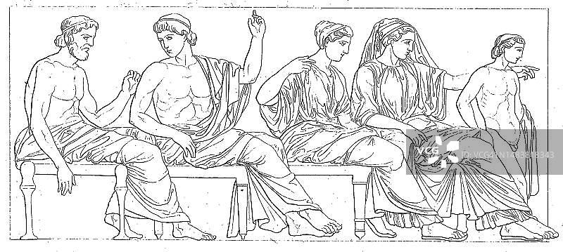 在雅典卫城帕特农神庙的雕带上，希腊雅典，历史建筑，19世纪原件的数字化修复复制品图片素材