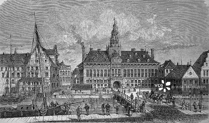 德国东弗里斯兰埃姆登的市政厅，1880年历史影像数字复制图片素材