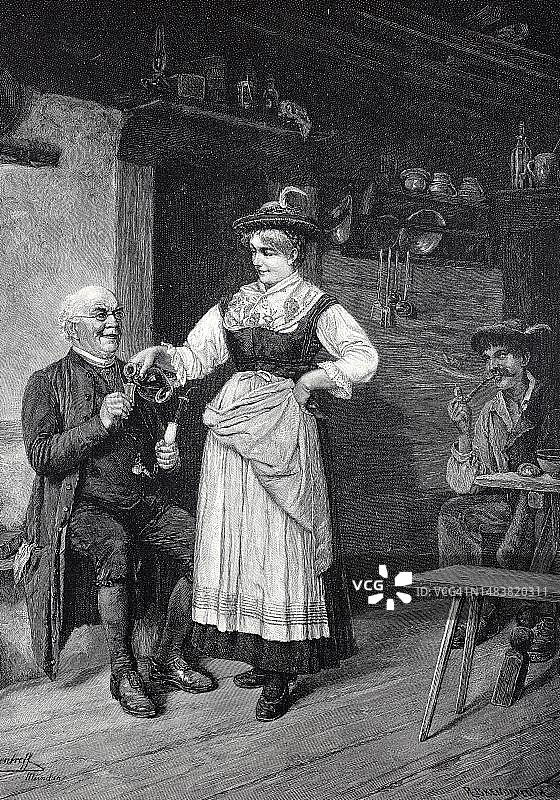 奥地利，1898年：农妇为老者斟酒（19世纪历史照片数字复制）图片素材