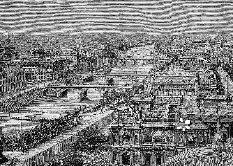 法国巴黎塞纳河上的桥梁（1887年，19世纪原创艺术品的数字复制品）图片素材