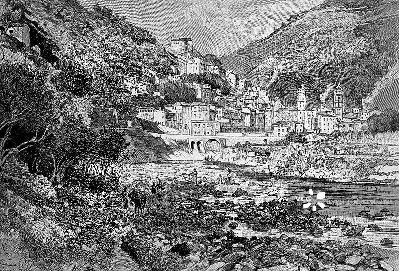 1860年的意大利北部利古里亚地区巴达卢科镇风貌图片素材