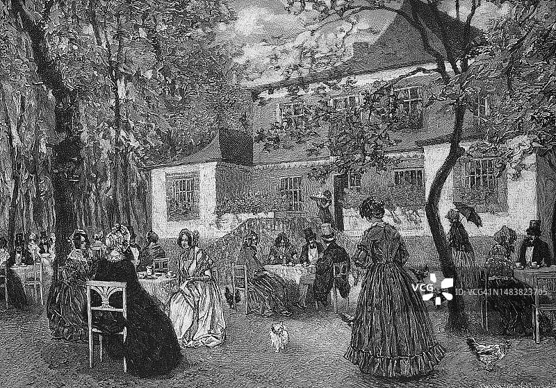 1840年德国巴伐利亚慕尼黑英国花园历史画作数字复制品，原始日期未知图片素材