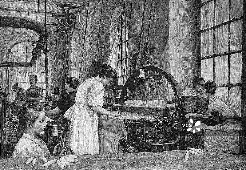 在德国一家织布厂工作的工人，1898年，历史照片，19世纪原创绘画的数字复制品，原始日期未知图片素材