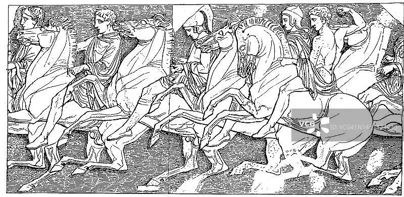 帕特农神庙北面壁带上的骑手群像，位于希腊雅典卫城，为城市女神雅典娜·帕提诺斯而建，历史照片，19 世纪原始艺术品的数字复制品图片素材