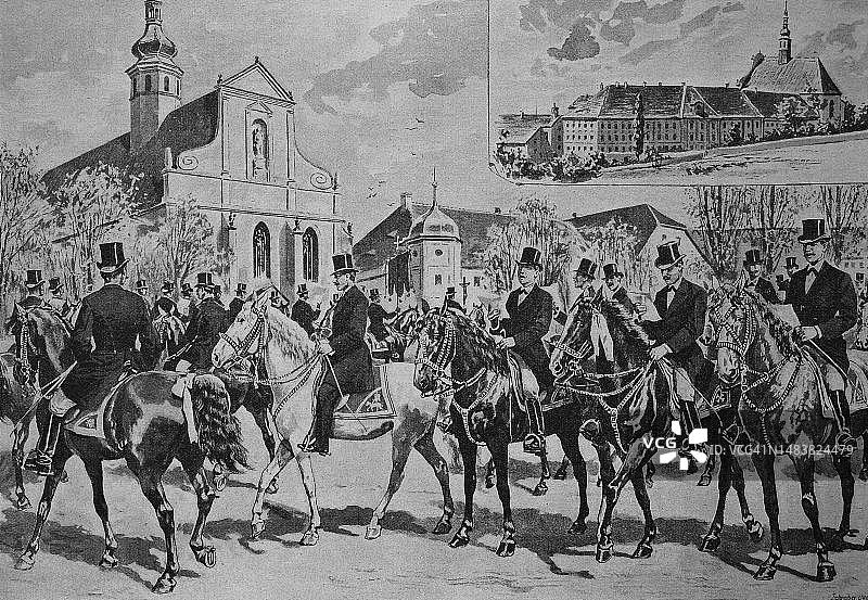 德国勃兰登堡吕萨蒂亚地区马里恩斯特恩修道院的复活节骑行活动,19世纪原创艺术品的数字复制品图片素材