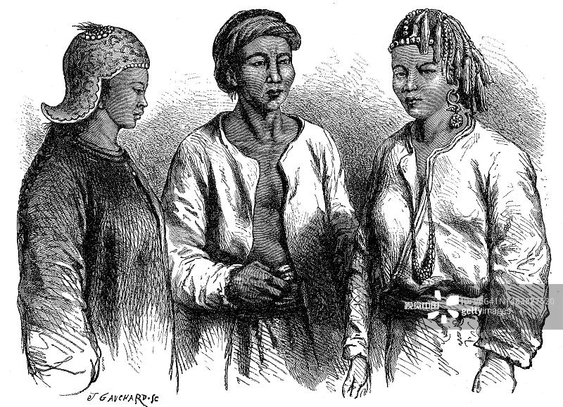 1872年身穿典型服饰的中国南方人（历史照片，19世纪原版数字复制品）图片素材