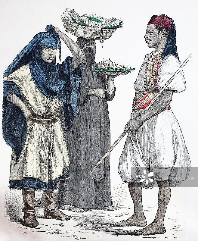 民族传统服饰服装历史贝都因女孩水果商埃及历史数码修复19世纪原版图片素材