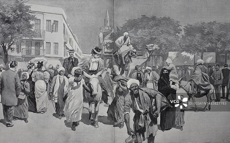 1883年埃及开罗穆斯基街入口，19世纪原图数字复制图片素材