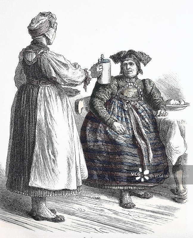 民间传统服饰：服饰史，来自德国达豪的传统服饰，1850年妇女形象，19世纪原版数字化修复图片素材