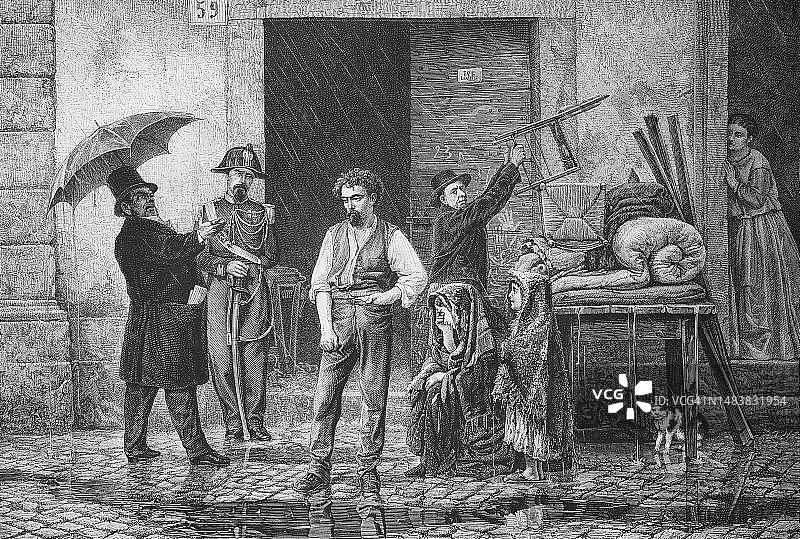 1880年意大利罗马：无力支付租金的一家被驱逐，站在雨中（19世纪原创艺术品的数字化修复再现）图片素材