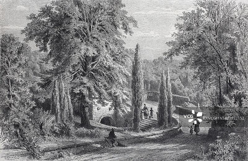 韦茨拉尔附近的维特喷泉，德国，19世纪原设计的数字修复复制品图片素材