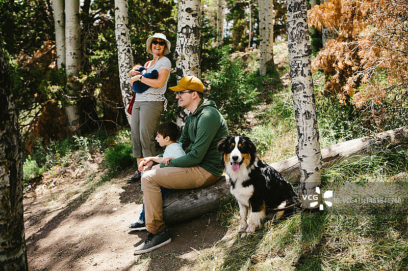 一家人在森林里与小狗共享自然图片素材