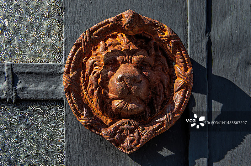 玻璃木门上的锈迹斑斑的狮头金属门环图片素材