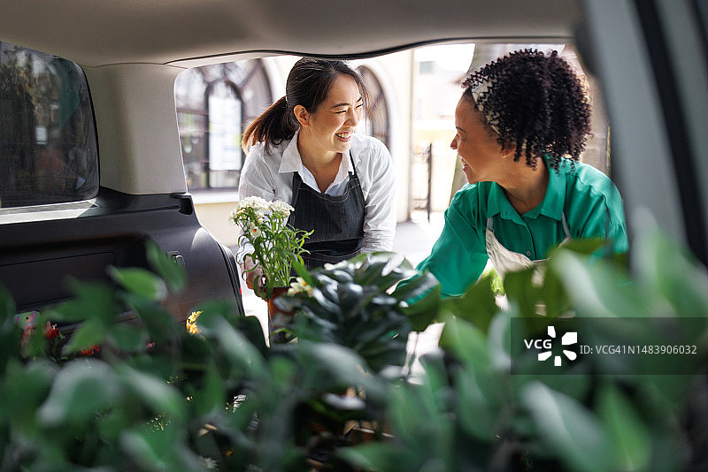 两位女花商从汽车后备箱卸下新鲜花卉图片素材