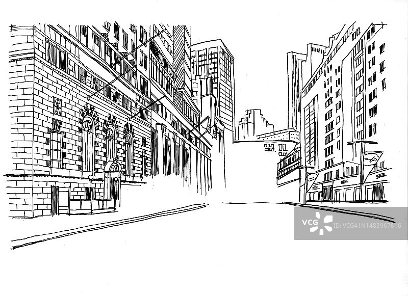 欧洲街景建筑透视图线条手稿绘画图片素材