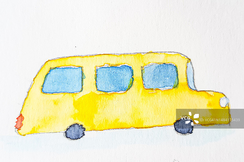 水彩画，黄色巴士，质朴风格图片素材