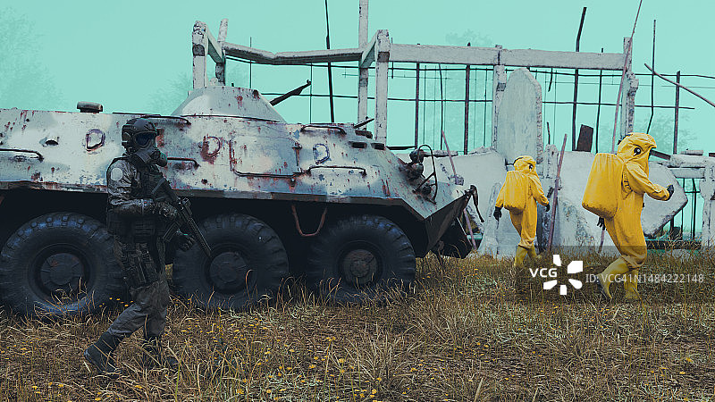 军事护送确保危险区域工人的安全图片素材