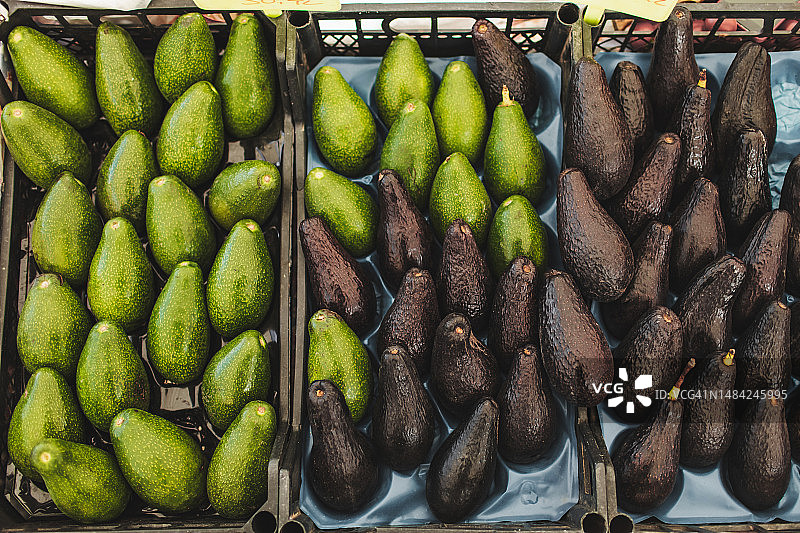 当地市场展台上新鲜成熟的有机鳄梨，箱子里的绿色和哈斯鳄梨图片素材