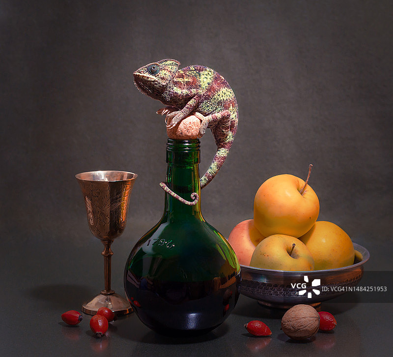 也门雌性变色龙静物：绿色瓶子、苹果和镀镍玻璃图片素材