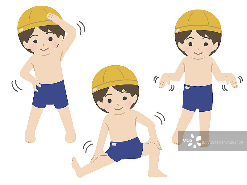 男孩穿着泳衣做热身运动图片素材