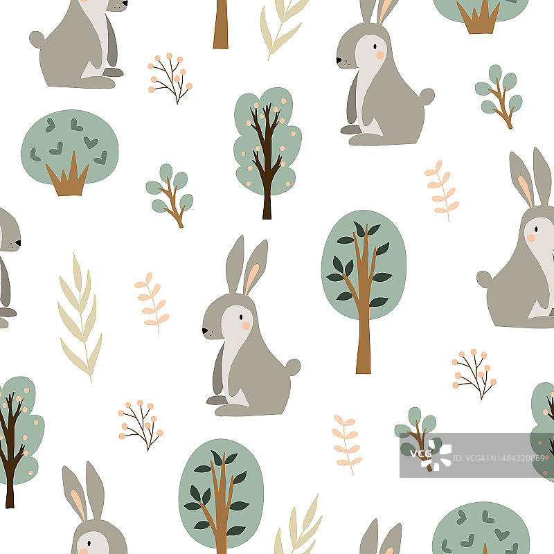 浅粉色背景森林中可爱白色兔子无缝图案儿童矢量背景图片素材