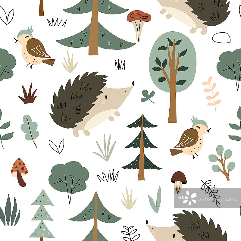 可爱刺猬蘑菇树木手绘无缝图案图片素材