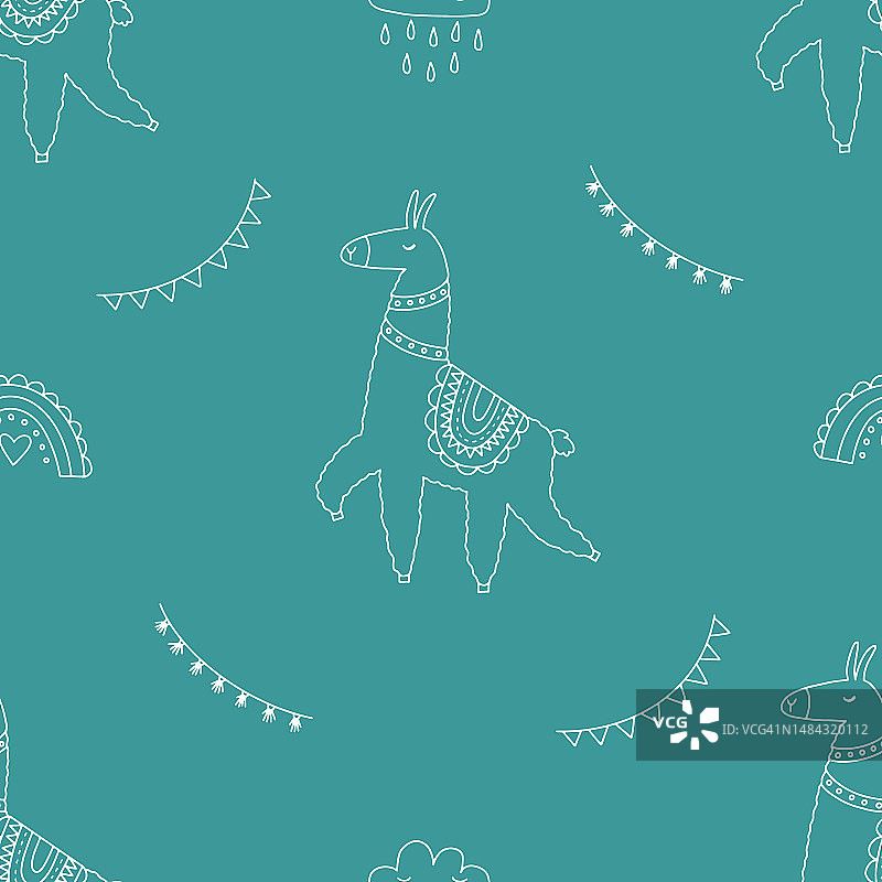 可爱涂鸦风格美洲驼无缝图案：精美矢量插画，背景设计，适用于儿童和成人纺织品、包装纸、包装图片素材