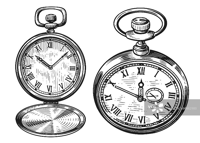 复古怀表套装老式时钟手绘雕刻插图图片素材