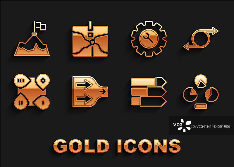 箭头、饼图信息图、信息图元素、扳手和齿轮、带旗帜的山脉和交汇点图标集。矢量图图片素材