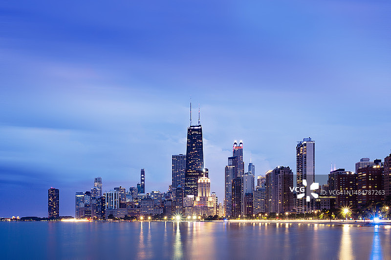 从北大道海滩看芝加哥城市天际线和密歇根湖图片素材