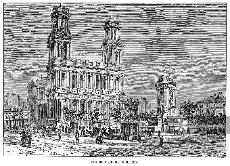法国巴黎圣叙尔皮斯教堂古老插图图片素材