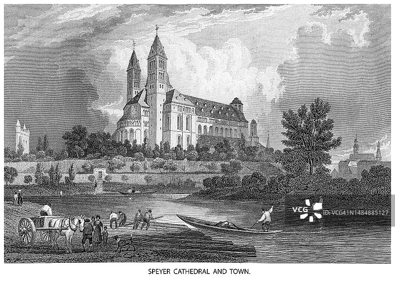 德国施佩耶尔大教堂和城镇古版画插图图片素材