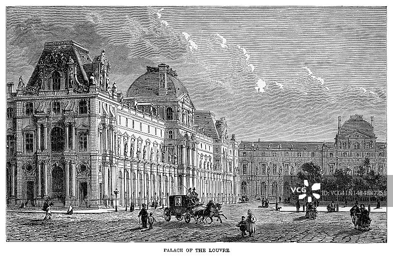 巴黎卢浮宫旧版雕刻插图图片素材