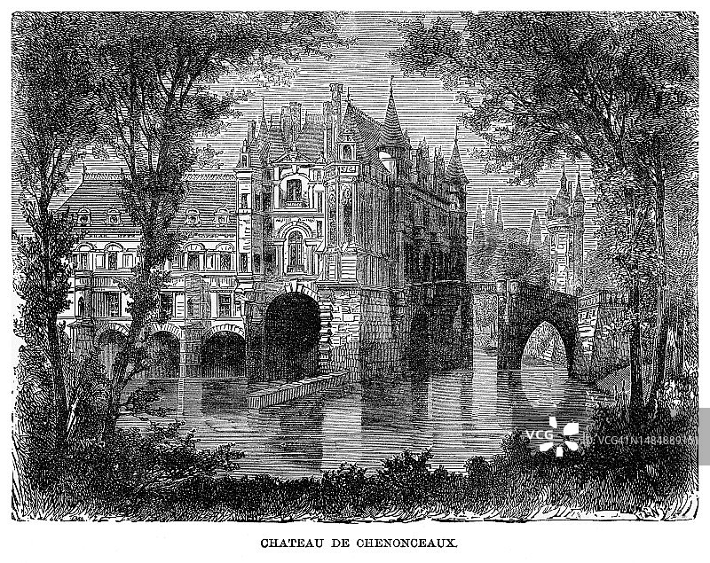 舍农索城堡和谢尔河的古老雕刻插图 - 法国安德尔-卢瓦尔省和中央-卢瓦尔河谷大区图片素材