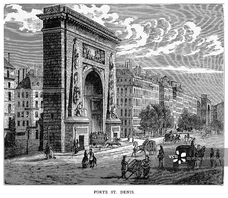 巴黎圣丹尼斯门古老雕刻插图，法国巴黎图片素材